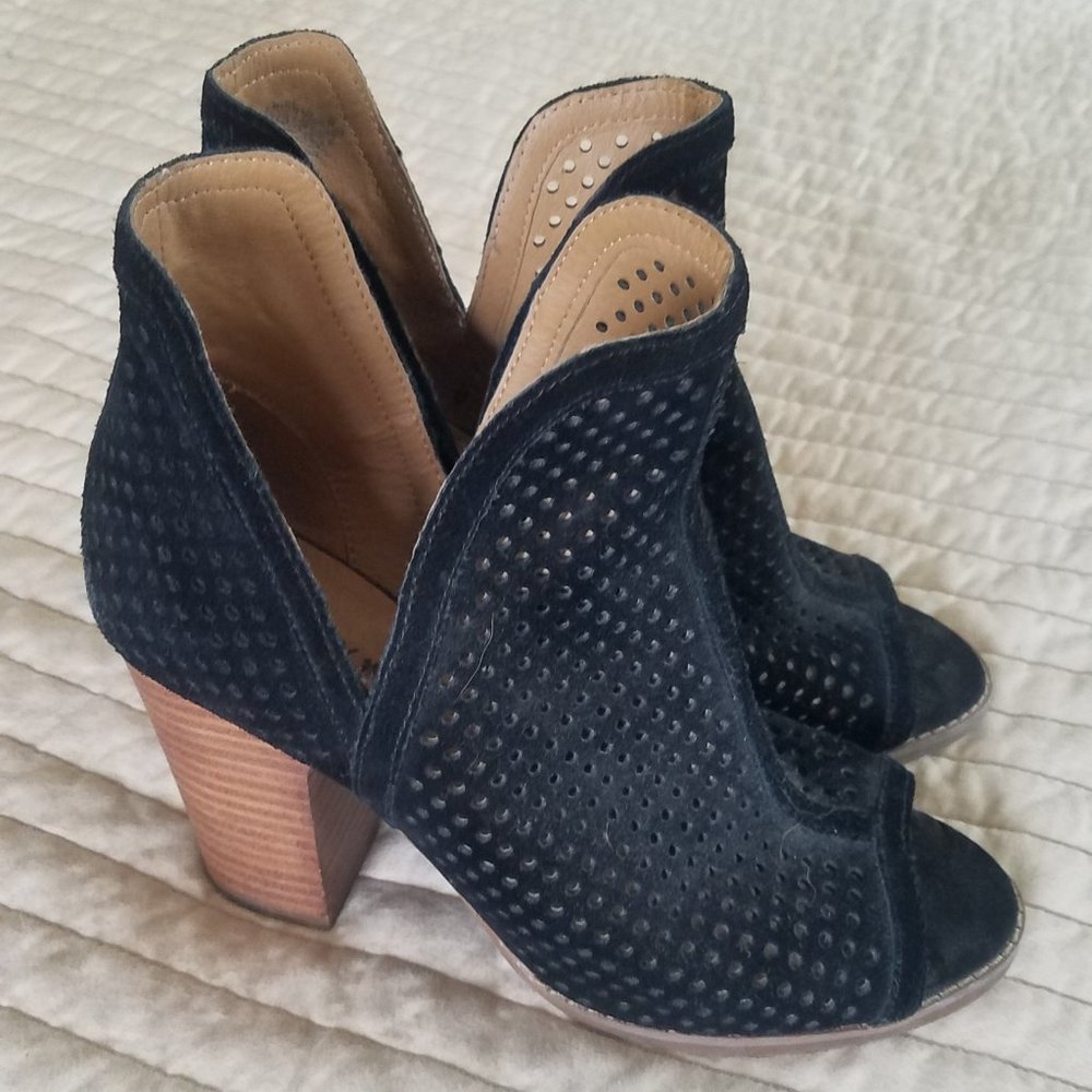 Lucky Brand Peep Toe Perforated Black Suede Booties - 7.5